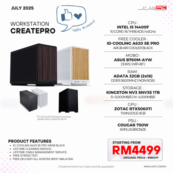 CreatePro Workstation ( INTEL CORE I5 14400F - RTX5060TI ) | RM4499