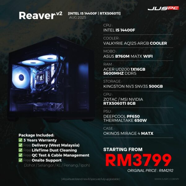 Reaver.V2 (INTEL I5 14400F | RTX5060TI) RM3799
